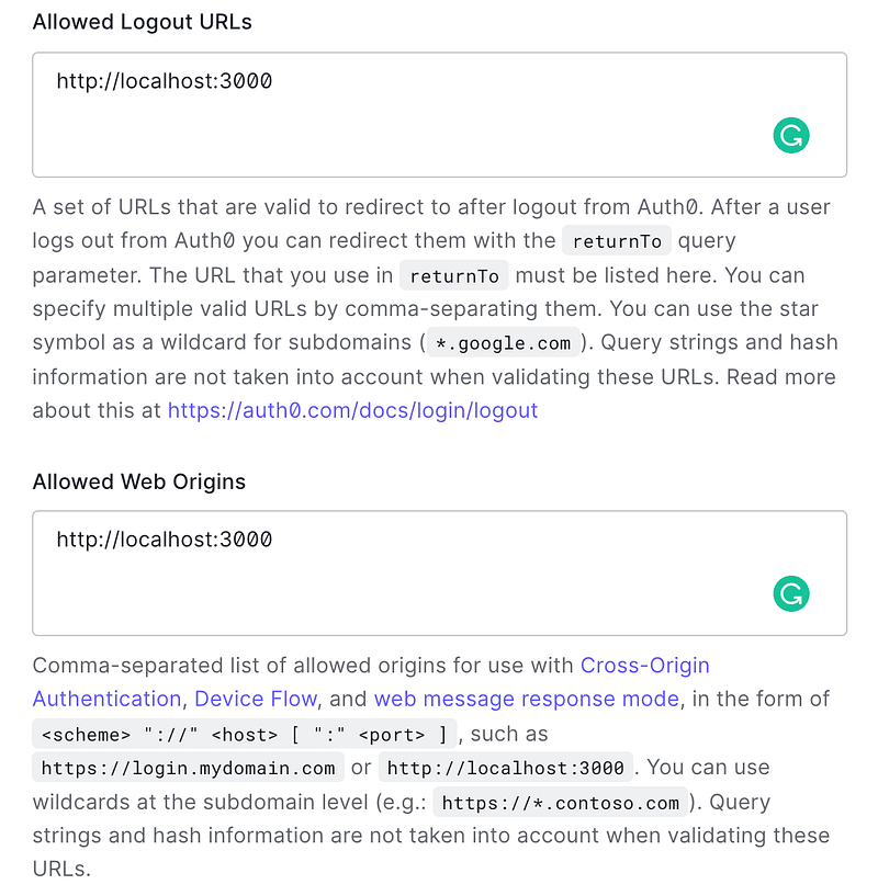 Auth0 settings page with localhost values for web origins and logout URLs