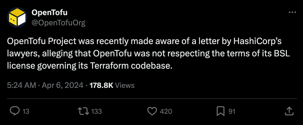 OpenTofu's Post on X (formerly Twitter) on Litigation by HashiCorp