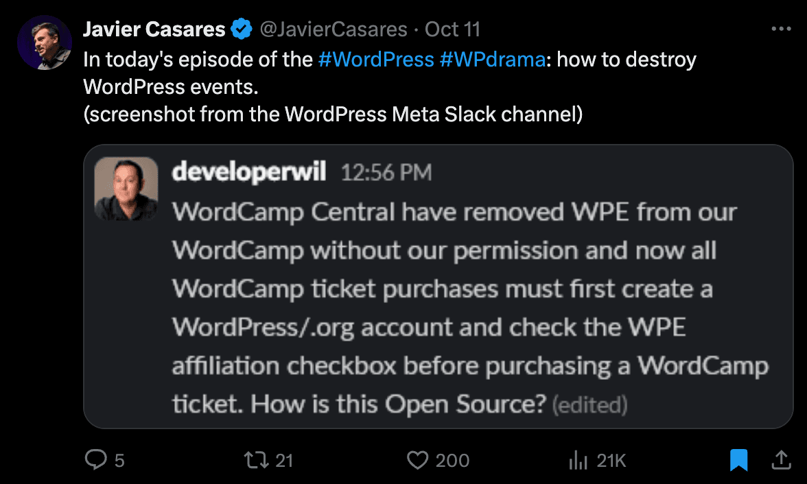 Community response criticizing WordPress governance during the WP Engine conflict