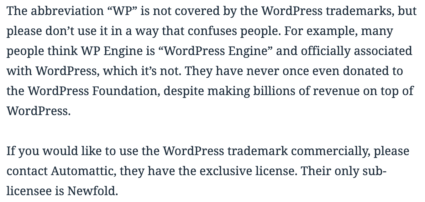 WordPress Foundation trademark policy update referencing WP Engine