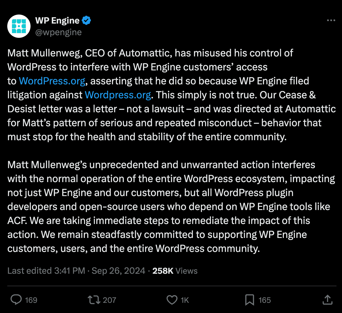 WP Engine statement responding to Matt Mullenweg and Automattic