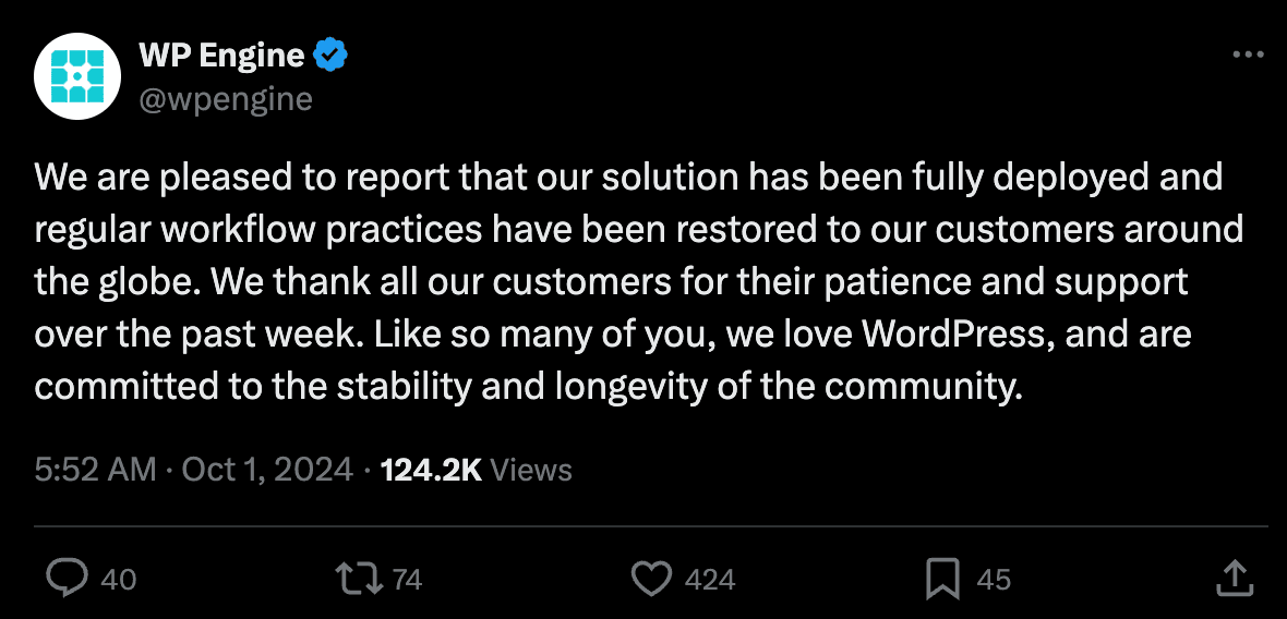 WP Engine statement about changing terms related to WordPress trademark claims