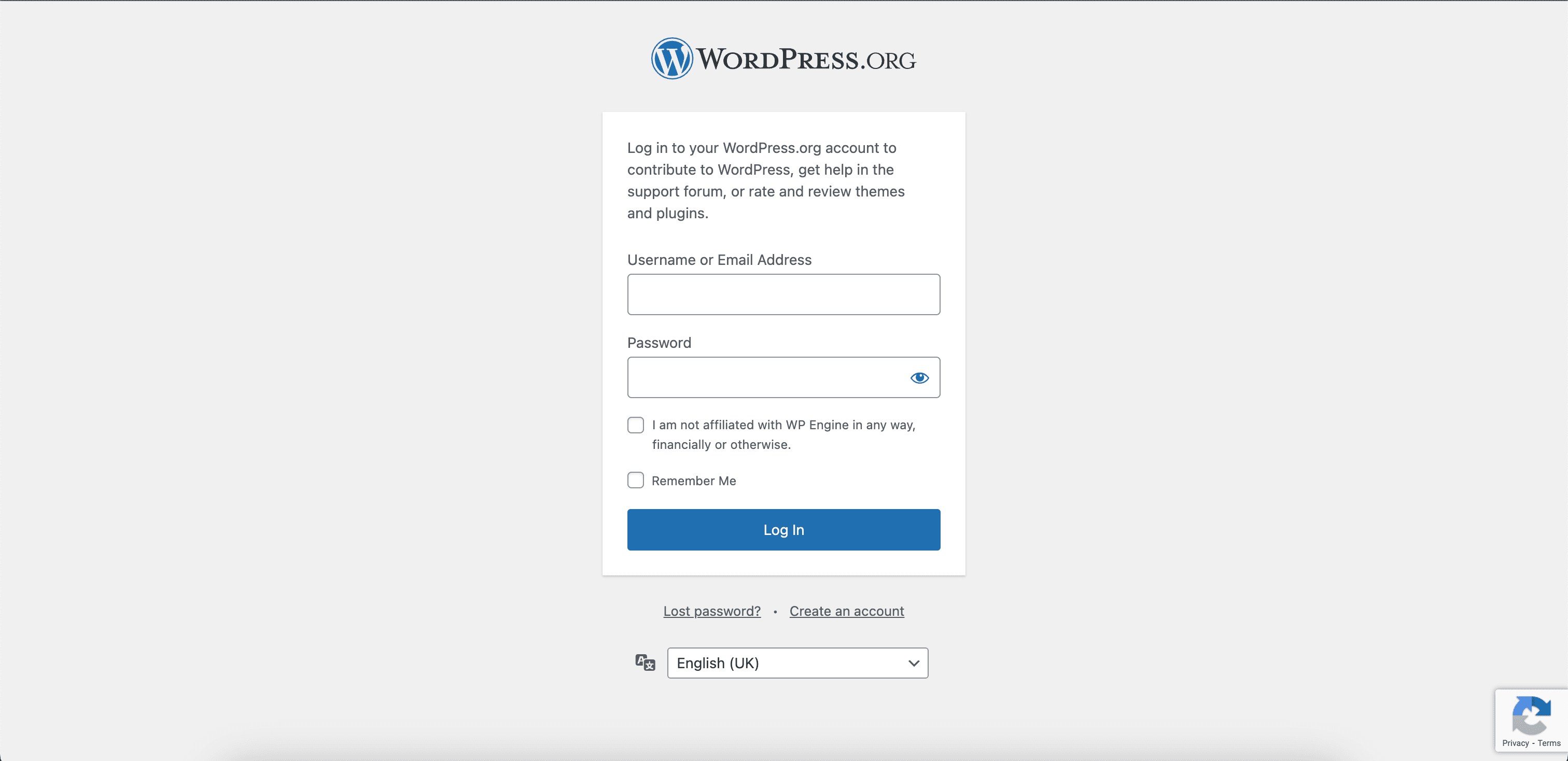 WordPress.org contributor login checkbox asking about WP Engine affiliation