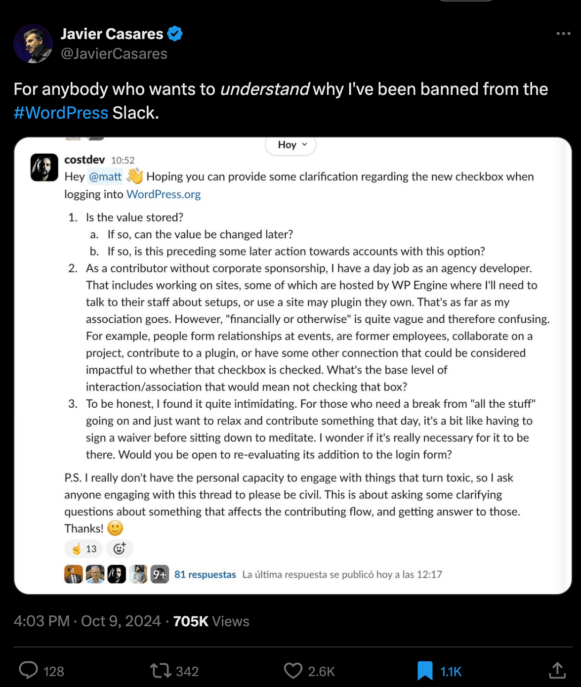 WordPress community Slack conversation showing contributor moderation during the WP Engine dispute