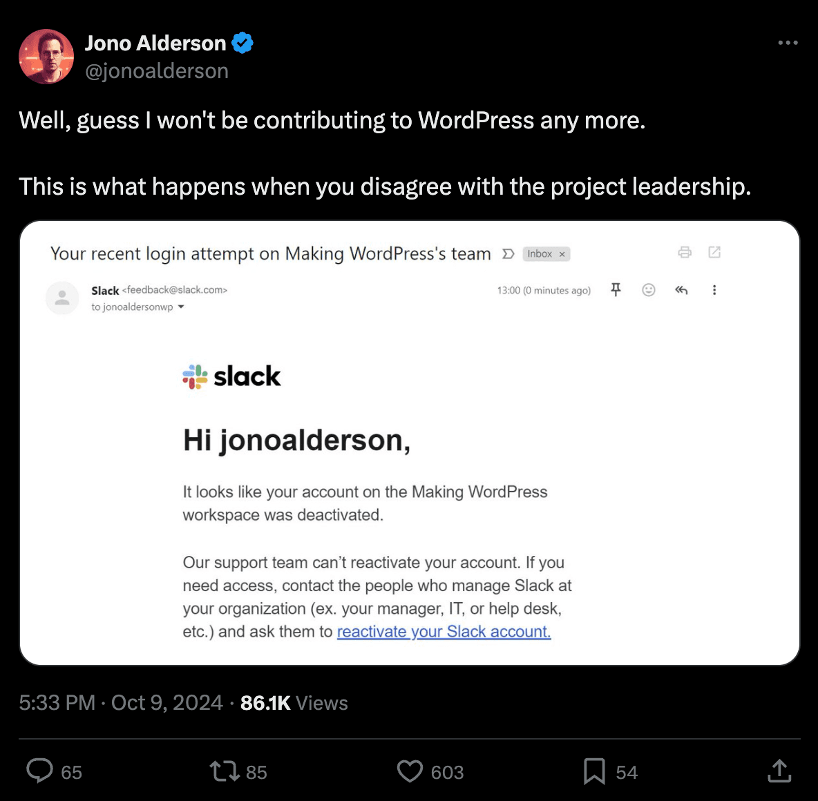 Second WordPress community Slack screenshot showing contributor pushback during the dispute
