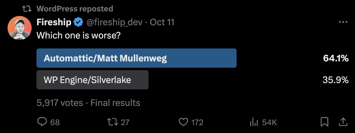 Follow-up WordPress social media post discussed in the WP Engine feud