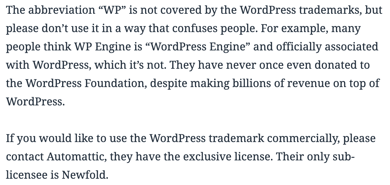 WordPress Foundation trademark policy update referencing WP Engine