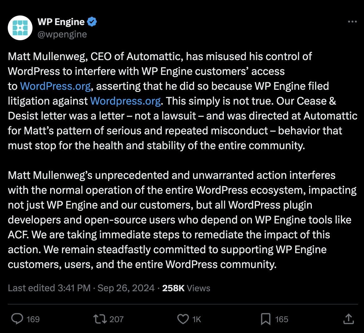 WP Engine statement responding to Matt Mullenweg and Automattic
