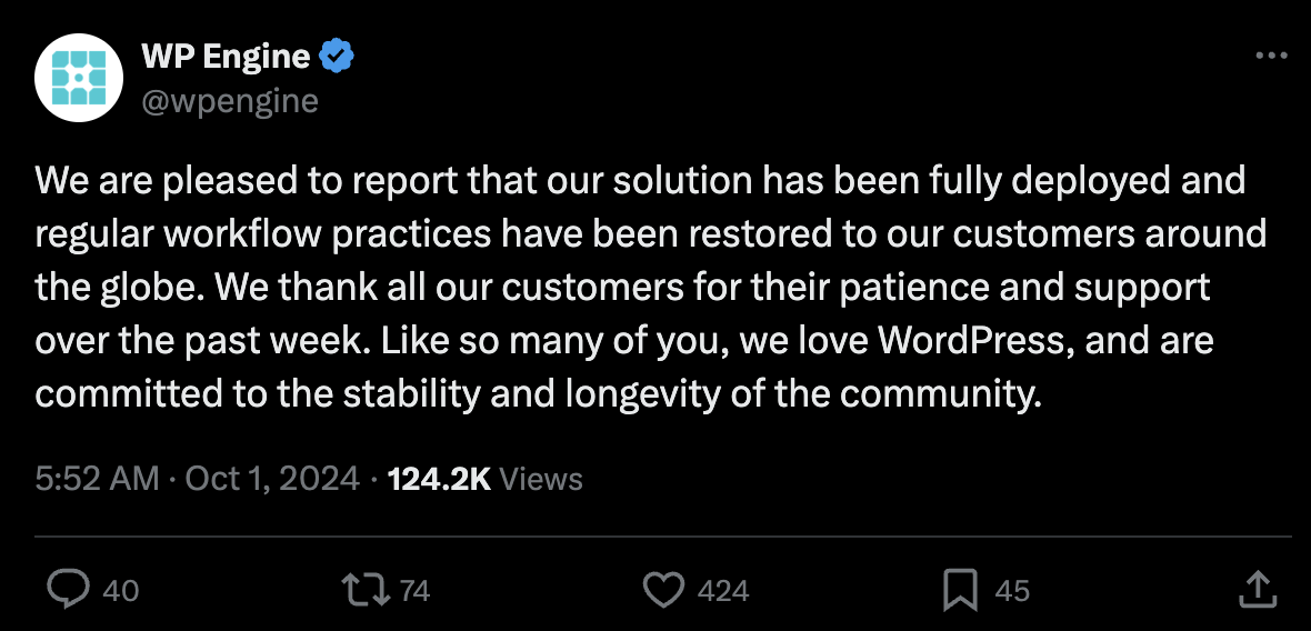 WP Engine statement about changing terms related to WordPress trademark claims