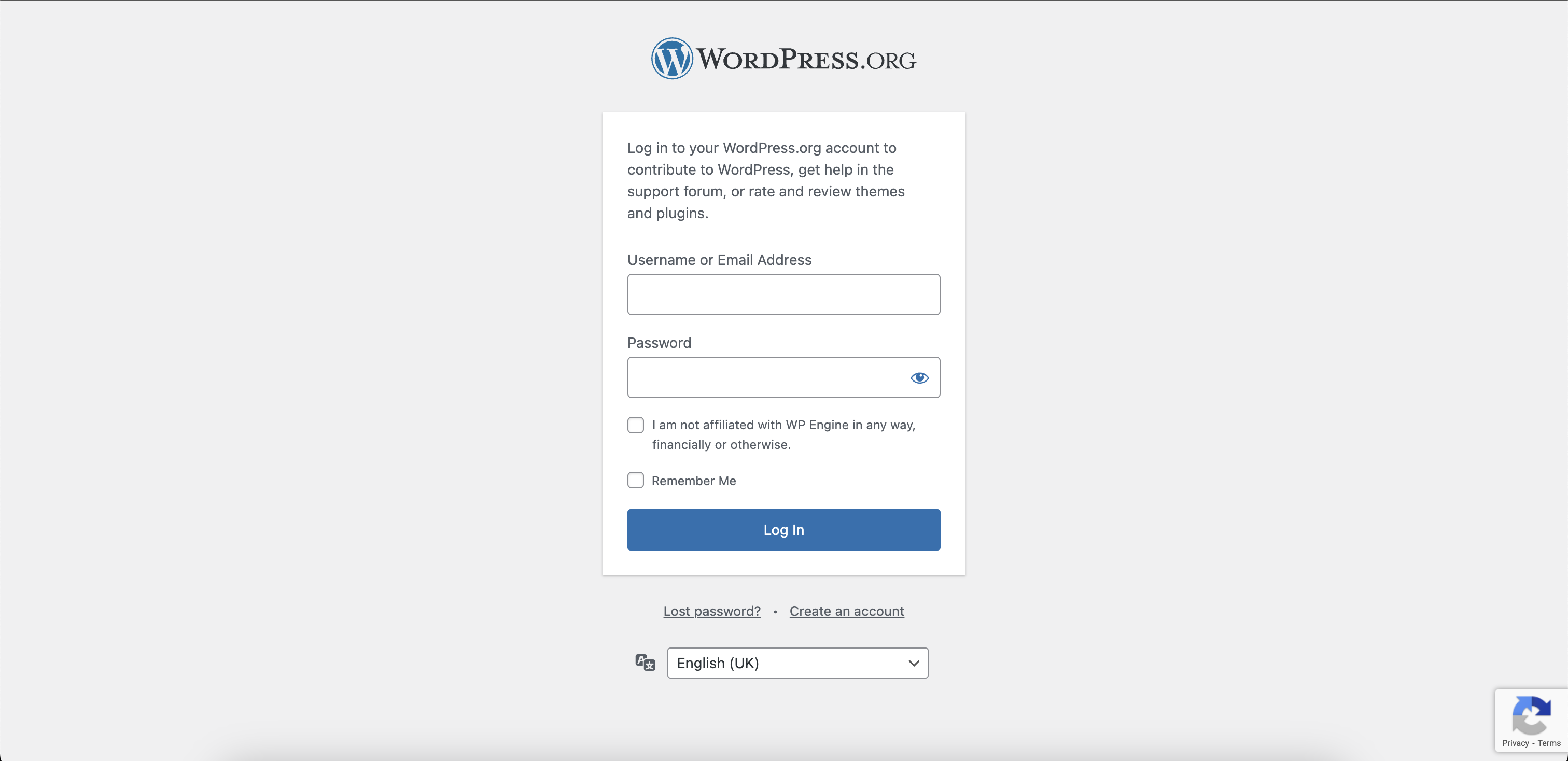 WordPress.org contributor login checkbox asking about WP Engine affiliation