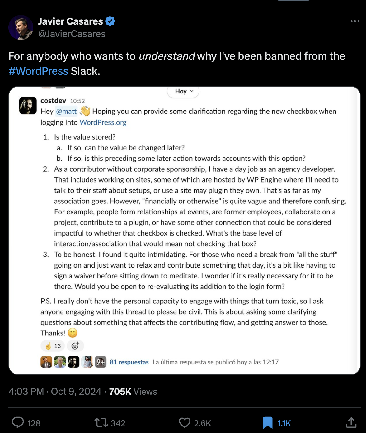WordPress community Slack conversation showing contributor moderation during the WP Engine dispute