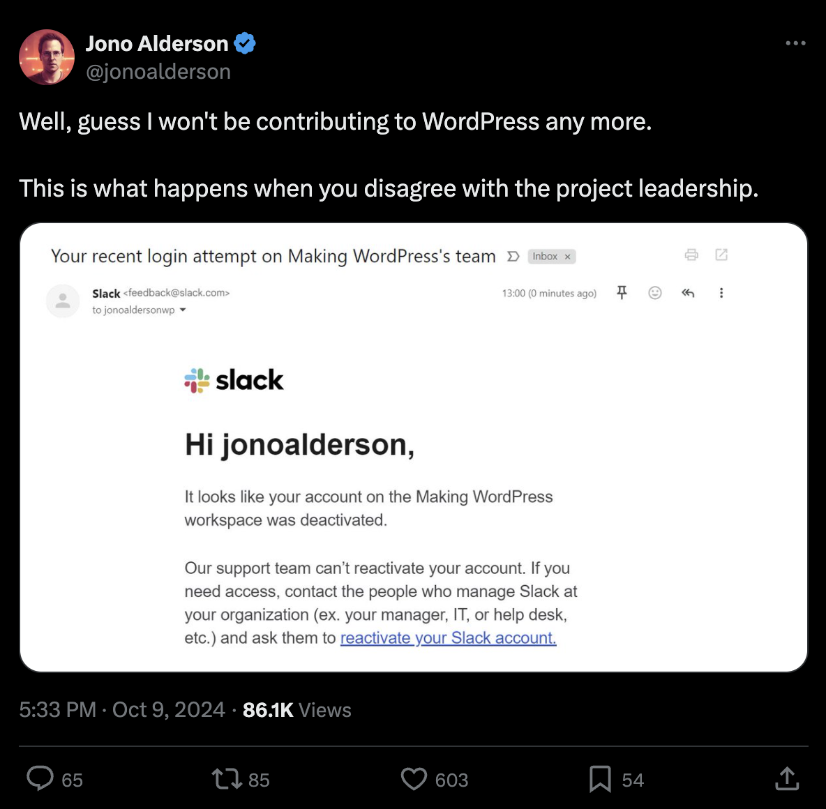 Second WordPress community Slack screenshot showing contributor pushback during the dispute